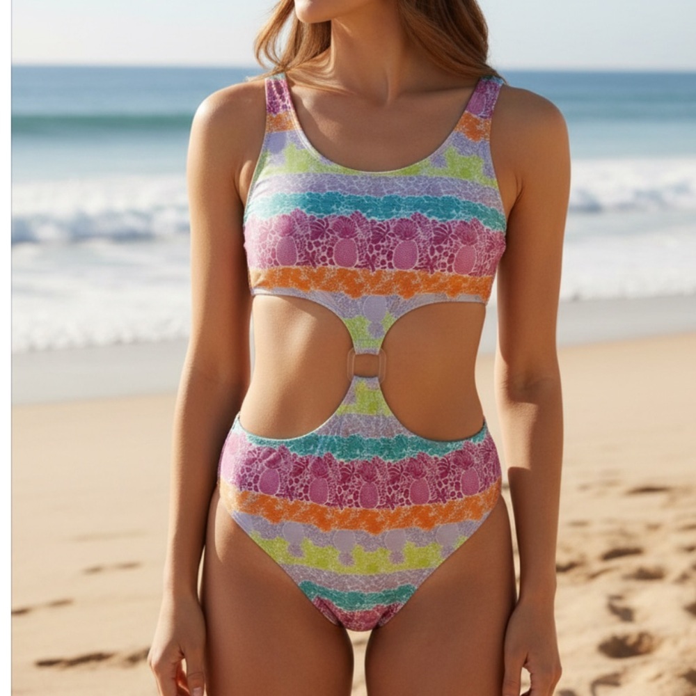NWT BLU C Vibrant Multicolor Cutout One-Piece Swimsuit